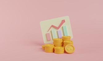 pile of dollar gold coins and growing graph bar on background minimalist style. business success concept, financial planning, investing, saving. 3D rendering illustration photo