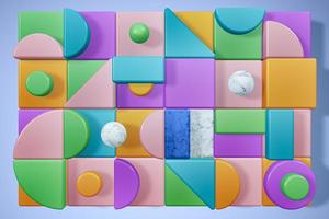 Vivid geometric shape design background. Abstract mosaic composition with circle, cube, semicircle and square photo