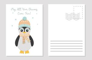 the layout of a greeting card with a cute penguin vector