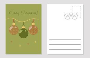 the layout of a greeting card with Christmas balls on a green background vector