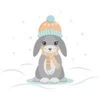 conejo con sombrero y bufanda hace frío el invierno ha comenzado los copos de nieve están cayendo vector