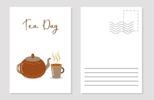 the layout of a greeting card for tea day is a cup with hot fragrant tea and a teapot vector