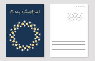 the layout of the greeting card frame of golden balls and snowflakes vector