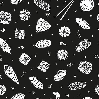 Seamless pattern with doodle sushi and rolls.