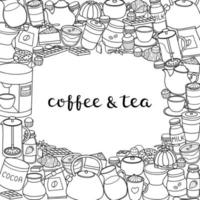 Square background with coffee, tea, cocoa items. vector