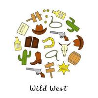 Hand drawn Wild West elements in circle. vector