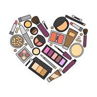 productos de maquillaje dibujados a mano en forma de corazón. vector