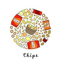 Hand drawn chips and packs in circle. vector