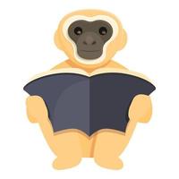 Gibbon read book icon, cartoon style vector