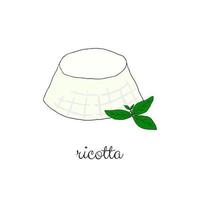 Hand drawn ricotta cheese with basil. vector