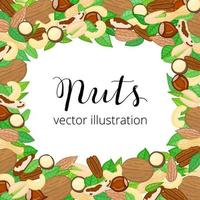 Square background with doodle nuts, leaves. vector