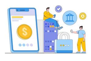 seguridad plana del dinero en Internet, pago de transacciones protegidas, concepto de banco en línea de aplicaciones móviles. ilustración de vector mínimo de estilo de diseño de esquema para página de inicio, banner web, imágenes de héroe