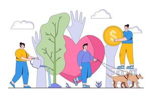 Volunteers at work. Man and woman taking care about animals, donating and watering tree. Concept of volunteering and charity social with a big hearth. Flat style vector illustration