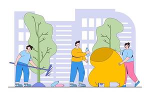 Volunteers at work. Happy young man and woman cleaning garbage together. Concept of volunteering and charity social. Flat cartoon character design for web landing page, banner vector