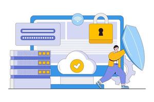 Flat protection of personal data, cloud storage of information, user authorization, cloud storage concept. Outline design style illustration for landing page, web banner, infographics, hero images vector