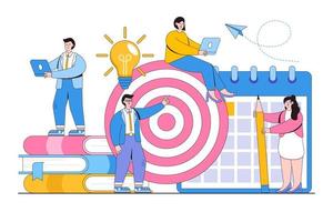 Hit the target with an arrow, People working together to achieve business target. Goal achievement and in time concept. Flat cartoon character design for landing page, web mobile and banner vector