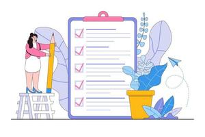 Young businesswoman holding a pencil and completed checklist on clipboard and business task. Concept of goal achievements planning schedule. Flat cartoon character design for landing page vector