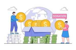 Volunteers at work. Happy young couple, man and woman donating coins together. Concept of volunteering and charity social. Flat cartoon character design for web landing page, banner vector