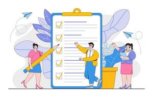 Group of business people making modern check list with pencil and clipboard or business task. Concept of goal achievements planning schedule. Flat cartoon character design for landing page vector