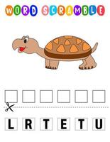 sopa de letras de tortugas. juego educativo para niños. hoja de trabajo de ortografía en inglés para niños en edad preescolar vector