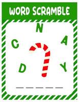 Candy Word scramble . Educational game for kids. English language spelling worksheet for preschool children. vector