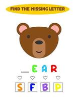 encontrar la letra que falta. oso kawaii. Juego educativo de ortografía para niños. Rompecabezas educativo para niños. vector