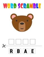 Bear Word scramble . Educational game for kids. English language spelling worksheet for preschool children. vector