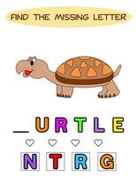 Find missing letter. kawaii turtle. Educational spelling game for kids.Education puzzle for children find missing letter of cute cartoon lama  printable bug worksheet. vector