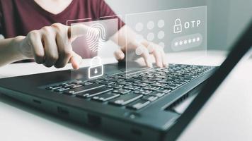 Verification of information with finger print by smart phone, Internet security, online financial transaction, 2-step verification, confirm transaction and identity. photo