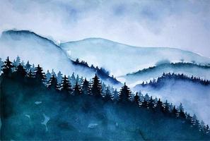 Watercolor mist forest landscape. Watercolor landscape of forest and mountains in dark colors. vector