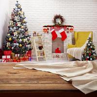 Empty canvas napkin on wooden desk top view. Festive sparkling Christmas interiors background. photo