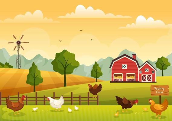 Poultry Farming with Farmer, Cage, Chicken and Egg Farm on Green Field Background View in Hand Drawn Cute Cartoon Template Illustration