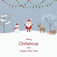 Merry Christmas and Happy New Year greeting card with cute cartoon Santa Claus happy on winter landscape vector