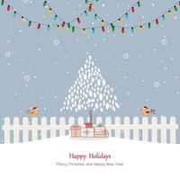 Christmas greeting card with cute birds,hanging lights,Christmas tree and gift boxes on winter landscape vector