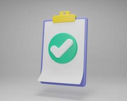 3D rendering illustration Cartoon minimal Check mark icon on clipboard checklist note paper management check. Approvement concept. Document. working plan to success. Business time document marking photo