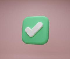 3d rendering illustration Cartoon minimal green square Check mark icon, Like or correct symbol,  check mark mobile app icon. Like, correct, success, approve, Accept button photo