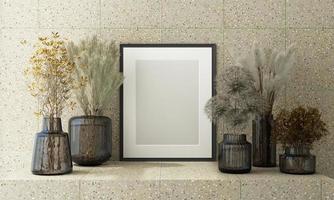 Mockup poster frame close up on wooden wall with white brown flowers and surrounding by decoration mock up. 3D render