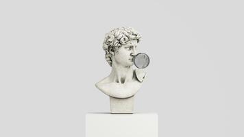Abstract funny concept illustration from 3d rendering of classical head sculpture blowing a pure chewing gum bubble. Isolated on white background. 3d rendering photo
