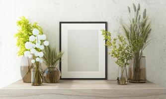 Mockup poster frame close up on wooden wall with white brown flowers and surrounding by decoration mock up. 3D render photo