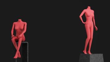 Statue of model mannequin in pink for showcasing fashion clothes in an abstract concept. on stone pallet product stand. isolate on black background. 3d rendering photo