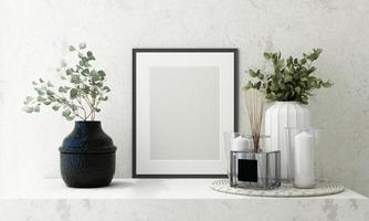 Mockup poster frame close up on wooden wall with white brown flowers and surrounding by decoration mock up. 3D render photo