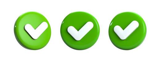 Check mark icon on round buttons, green sign or mark different angle. 3d rendering photo