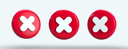 Cross icon on round buttons, red stop sign or mark different angle. 3d rendering photo