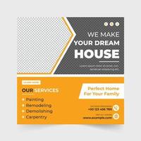 Construction and renovation business social media post vector. Construction and home-making business template for social media promotion. Home repair service and building construction web banner. vector