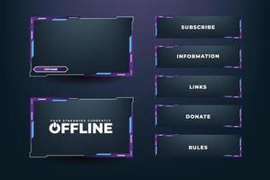 Gaming frame overlay design with creative shapes. Modern live streaming screen interface decoration with purple and blue colors. Futuristic gaming border design on a dark background. vector