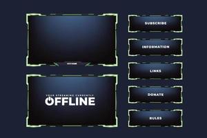 Live streaming screen overlay design. Gaming overlay vector for screen panels. Green Live stream overlay vector for online gamers. Live gaming overlay with a offline screen and colorful buttons.