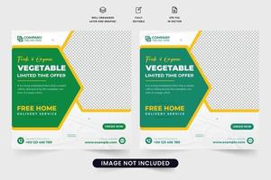 Vegetable business advertisement poster design with creative shapes. Fresh vegetable social media post vector with photo placeholders. Organic food and vegetable business promotion template.