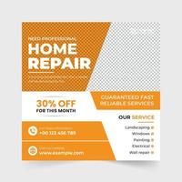 Professional home repair service template design with yellow and blue colors. House renovation business advertisement poster design with orange and blue colors. Home repair social media post vector. vector