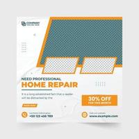 House construction advertisement template with red and orange colors. Home renovation social media post vector for online marketing. Real estate home repair service web banner design.