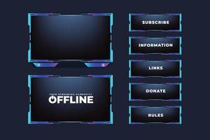 Live online gaming overlay and streaming icon design with buttons. Futuristic live streaming button vector with digital abstract shapes. Broadcast screen overlay design with blue and purple colors.